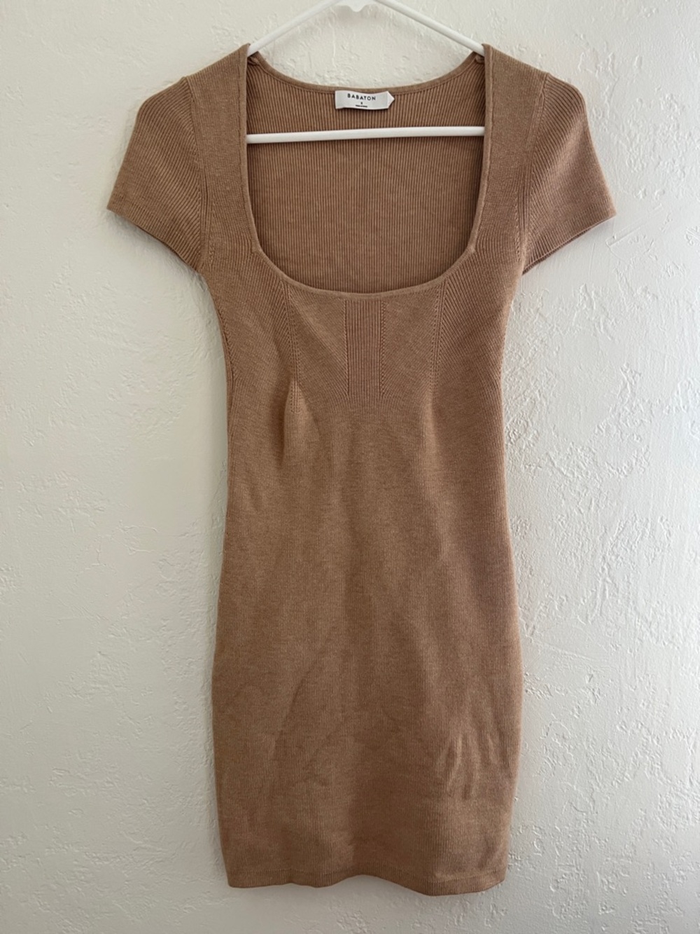 Babaton Camel Scoop Neck Ribbed Knit Dress Small